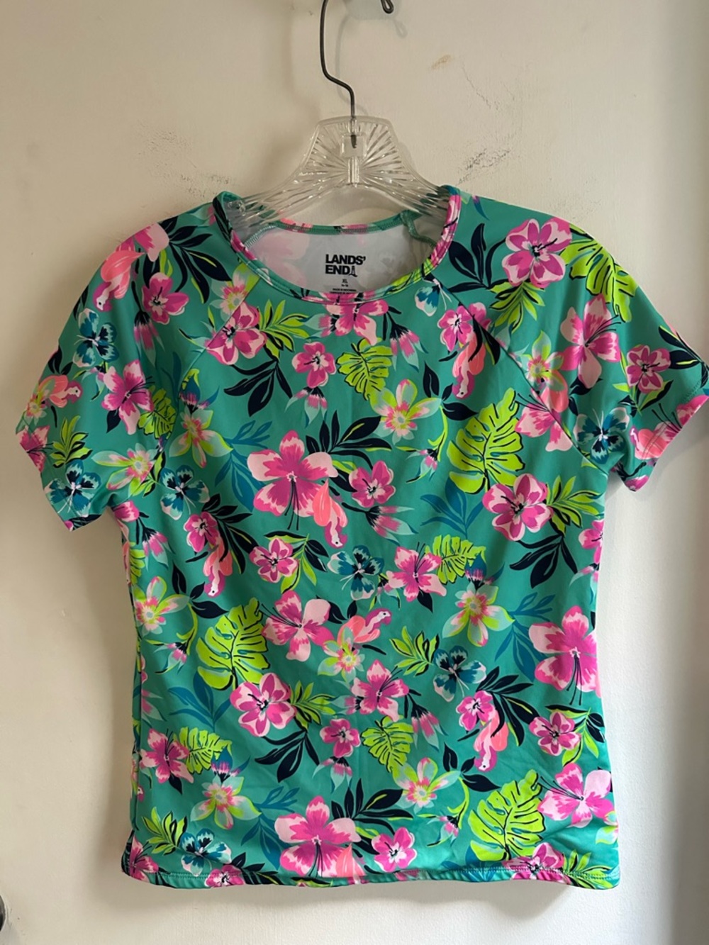 Lands’ End XL 14-16 Tropical Floral Rash Guard Swim Top Short Sleeve Pink Green
